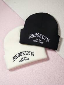 Street 2pcs Daily Letter Embroidered Beanie Winter Fall - Black and White - View 9
