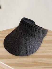 1 pieza Visera de sol de paja de moda para mujer Sombrero de ala ancha enrollable y plegable para playa de verano