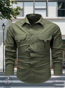 1 件男士春夏速干休闲衬衫，吸湿排汗户外徒步钓鱼运动衬衫，时尚百搭外套 - 軍綠色 - 查看 2