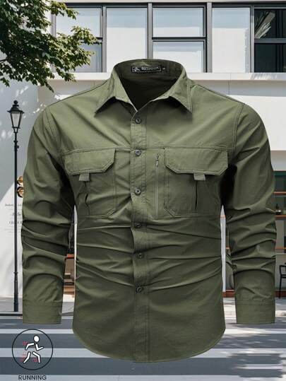 1 pieza Camisa casual de primavera/verano de secado rápido para hombre, camisa deportiva para senderismo, pesca y actividades al aire libre que absorbe la humedad, prenda versátil