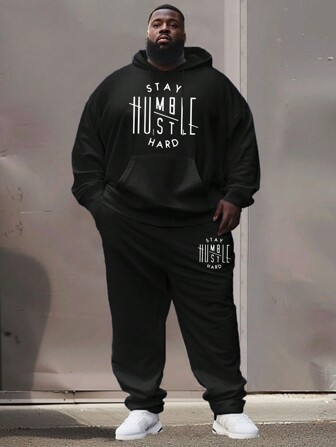 Plus Size 2st män termofodrad huvtröja och träningsbyxa set, höst/vinter 2025 Pullover hoodie och joggingbyxa set, grafiskt tryck träningsoverall