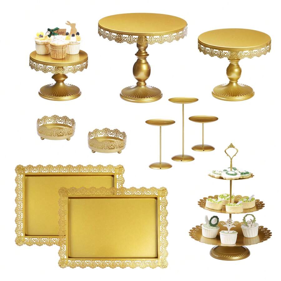 11-Piece Gold/Black Lace Cake Stand Set – Interchangeable Dessert Display Stands And Trays For Weddings, Birthdays, And Events - Vàng - Xem 1