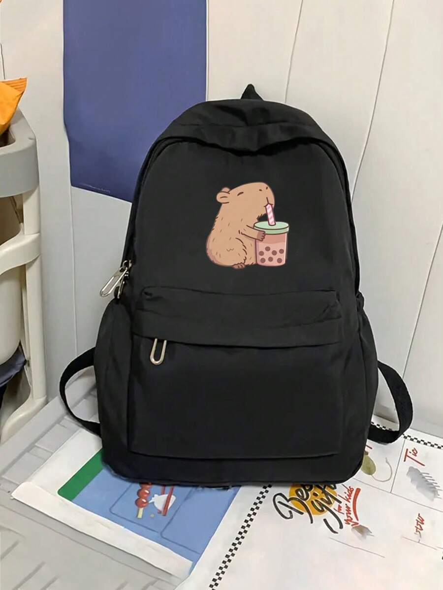 Capi Bala卡通图案背包，时尚百搭的休闲旅行背包，大容量男女通用背包，户外书包，高中和初中学生背包，黑色背包 - 可调节肩带，笔记本电脑背包，度假必备，上学必备，适合男孩女孩，也是返校礼物，适合日常使用、上学和通勤。 - 黑色 - 查看 1