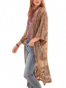 Women Casual Beachwear Cardigan, Solid Color 3/4 Sleeve See-Through Embroidery Flower Cover-UpCoachela Festival Dress Cover Up, Swimsuits For Woman, Bathing Suits For Women,Trajes De Baño Mujer - 咖啡棕 - 查看 4