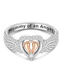 925 Sterling Silver Promise Ring, Angel Wing Design With Heart & Footprint Decor, Fashionable Jewelry For Women, Versatile Accessory, Exquisite Gift For Mom On Birthday, Anniversary, - Silver - View 3
