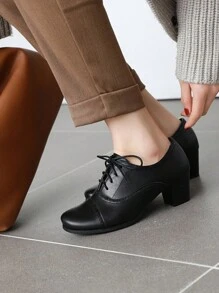 Women's Chunky Lace Up Vintage Oxfords Dress Pumps Round Toe Block Mid Heels Retro Brogues Shoes