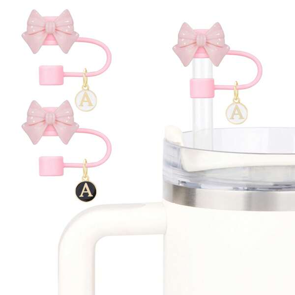2 Pieces Cute Bow Straw Cover With 2 Initial Letter Charms Name ID Accessories Compatible With Stanley 30&40 OZ 10mm Straw Topper, Drinking Straw Covers Cap For Tumble Cups