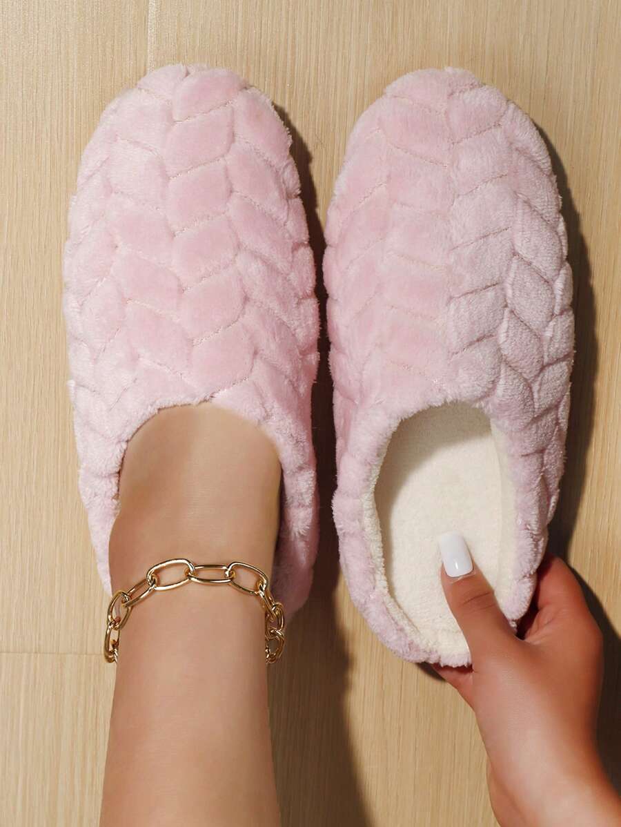 Women's Fashion Furry Puffed Wheat Grain Plush House Slippers, Indoor Floor Covering Slipper Socks, Warm & Light Sole Bedroom Slippers For Winter,Fluffy Slippers - Pink - View 1