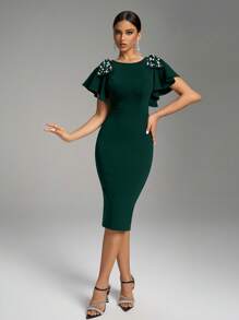 Fuaheng 优雅荷叶边领荷叶边饰人造珍珠串珠装饰紧身礼服、派对礼服、婚礼宾客鸡尾酒会礼服 - 墨綠色 - 查看 6