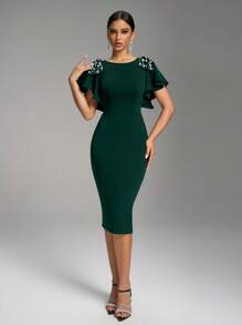 Fuaheng 优雅荷叶边领荷叶边饰人造珍珠串珠装饰紧身礼服、派对礼服、婚礼宾客鸡尾酒会礼服 - 墨綠色 - 查看 2