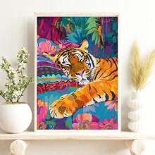 1pc Unframed Botanical Sleeping Animal Tiger On Bed Poster Cute Preppy Art Funky Painting Canvas Print Minimalist Wall Picture For Dorm,Apartment,Living Room,Bedroom,Modern Home Decoration - Multicolor - View 3