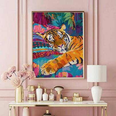 1 pieza Póster moderno sin marco con impresión en lienzo de un animal durmiendo tipo tigre sobre una cama, arte adorable y elegante, para decoración minimalista de dormitorio, apartamento, sala de estar, habitación, hogar moderno