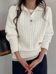 女士纯色优雅高领长袖麻花针织宽松休闲毛衣上衣，秋冬款 - 白色 - 查看 4