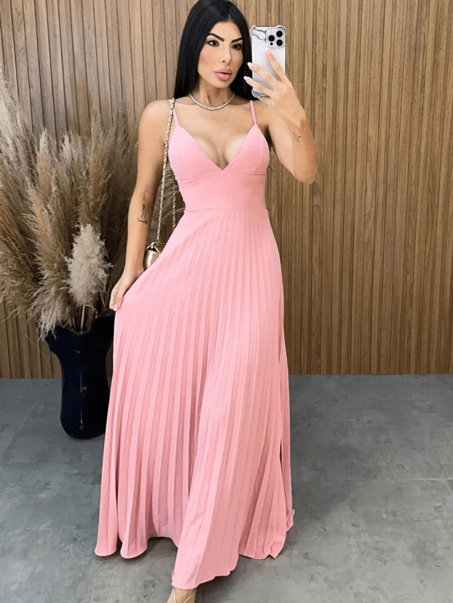 Women's Long Pleated Dress With V-Neckline And Lace-Up Padded Bra - 藕粉色 - 查看 1
