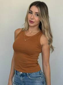 Kit 3 Regatas Feminina Canelada em Algodão Blusa Básica - PRETO - BRANCO - CARAMELO - Visão 5