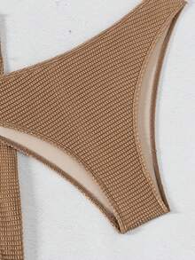 3pcs Fashionable Sexy Solid Color Bikini Set, Brown Swimsuit, Suitable For Summer Beach Wear, Women's Spaghetti Strap Bra And Bikini Bottom Set