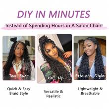 32英寸全双层蕾丝前方形无结盒式辫假发，波西米亚风卷发尾，黑色盒式辫假发，带婴儿发，适合美国女性，合成蕾丝前额辫子假发，圣诞节日常、新年、狂欢节、音乐节等场合佩戴。 - 黑色 - 查看 3