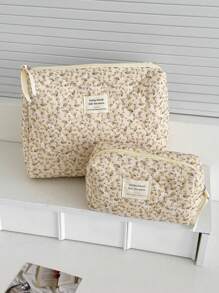 1 件/套灯芯绒黄色花卉印花图案多功能化妆品收纳包钱包袋便携式化妆品刷收纳包带拉链封口适用于口红、刷子、护肤品 - 黃色 - 查看 4