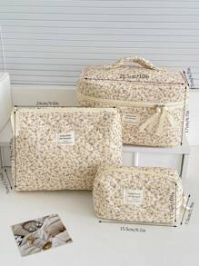 1 件/套灯芯绒黄色花卉印花图案多功能化妆品收纳包钱包袋便携式化妆品刷收纳包带拉链封口适用于口红、刷子、护肤品 - 黃色 - 查看 11