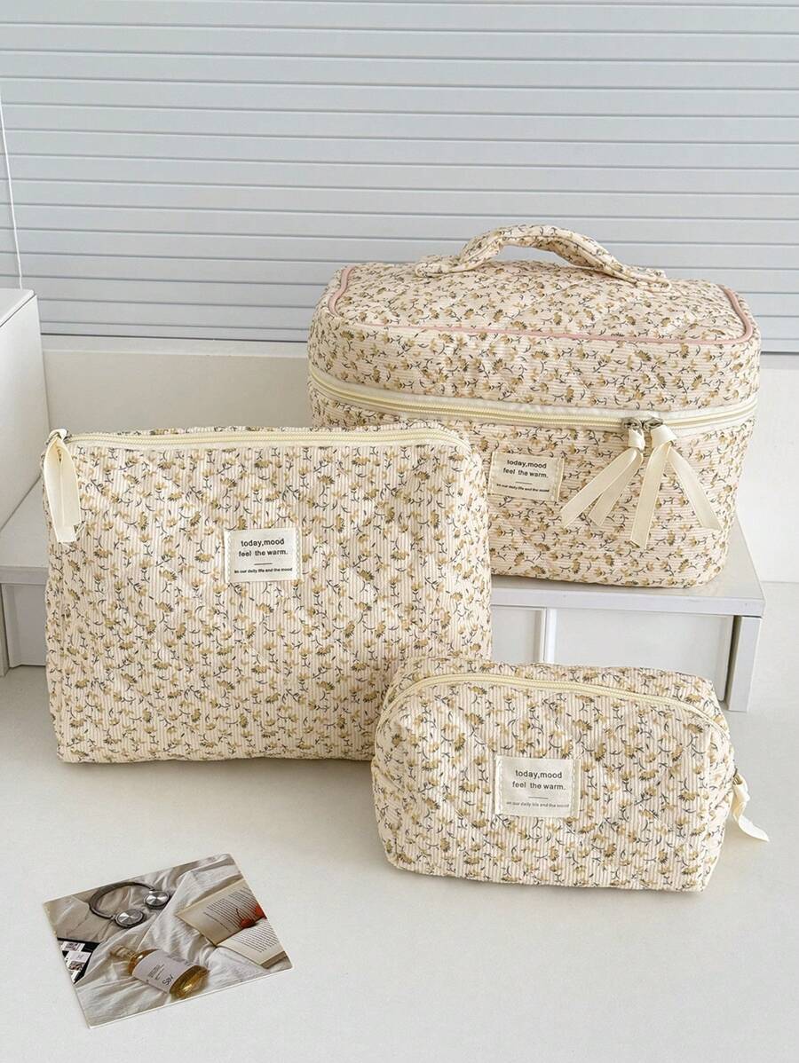 1 件/套灯芯绒黄色花卉印花图案多功能化妆品收纳包钱包袋便携式化妆品刷收纳包带拉链封口适用于口红、刷子、护肤品 - 黃色 - 查看 1