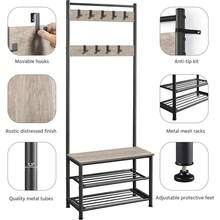 Coat Rack, Hall Tree With Shoe Bench, Entryway Shoe Storage With Coat Rack Stand, 9 Movable Hooks, Industrial Entryway Furniture, Gray - Grey - View 6
