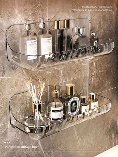 1 pezzo Mensola portaoggetti da bagno in acrilico, multifunzionale con grande capacità per cosmetici, articoli da toletta, strumenti per la pulizia del corpo, organizer per il trucco, design senza foratura, facile da installare, alta capacità di carico