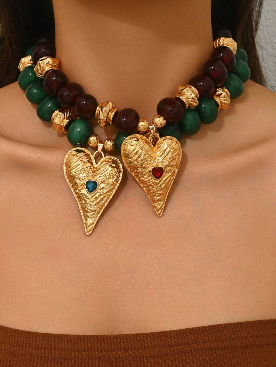 Elegant Vintage Quality Sexy Heart-Shaped Glass Inlaid Pendant With Golden Floral Pattern, Oval Resin With Asymmetrical CCB Metal Beads, Available In Bohemian, Dopamine, Brown Amber, Orange, Purple, Red Large Heart Pendant Necklaces, Asymmetrical Floral Resin Beaded Large Pendant Necklaces, High-End Women Jewelry Necklaces - Multicolor - View 1