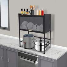 Storage Rack - 64*38*78.5cm - Large Black, Kitchen Countertop Storage Rack, Carbon Steel Multi-Layer With Cabinet Doors, Closed Microwave Oven Storage Rack - Black - View 7