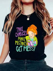 Take Chances Make Mistakes Get Messy Beauty Teacher KIDS T-Shirt Print Crew Neck T-Shirt, Women Graphic T Shirts, Casual Short Sleeve T-Shirt For Spring & Summer, Women's Clothing