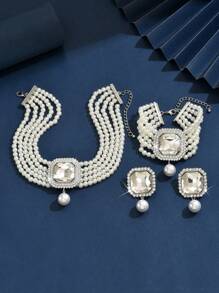 4pcs Set Luxury Exaggerated Pearl, Rhinestone, Crystal Necklace, Earrings, Bracelet Jewelry Set, Suitable For Women Wedding, Party, Holiday Gift