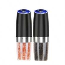 2pcs Non-Manual Gravity Salt And Pepper Grinder Automatic Pepper And Salt Mills Adjustable Coarseness Blue LED Light With One Hand Operation Stainless Steel - Black - View 6