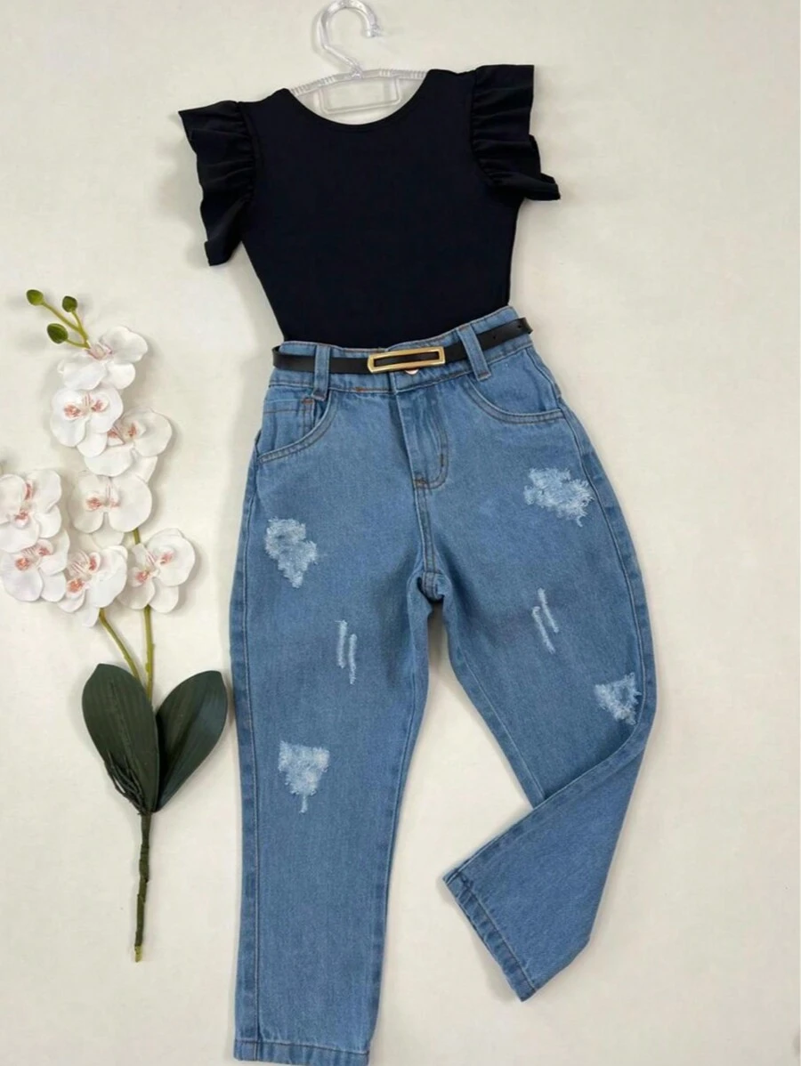 Fashionable Kids Set Bodysuit Jeans Pants Blogger Outfit Girls - 黑色 - 查看 1