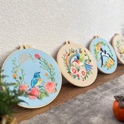 4pcs Luxury Embroidery Set - Flower Pattern Beginner Set (Flying Pigeon+Cloud Dance+Emerald+Void)+One Pink Scissors+One Flower Thread Device