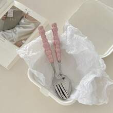 2pcs Macaron Pearl Spoon & Fork, Ceramic Spoon & Fork, Dessert Spoon Portable Cutlery Set, Soup Spoon Camping Utensils