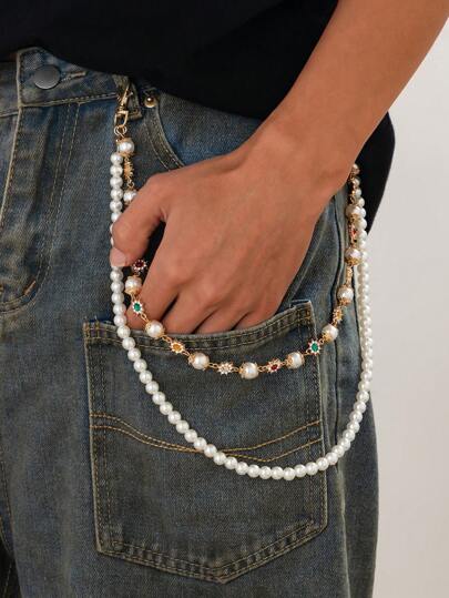 1 stuk vintage meerlaagse herenbroekketting met strass en imitatieparels, broekdecoratie zomer, school herfst-winter accessoires Halloweenkostuum, geschikt voor tieners, jongeren, mannen, casual, buiten, sport, vakantie, afstudeercadeaus, verjaardagen, dagelijks gebruik