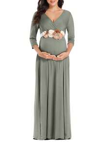 Elegant Sage Green Maternity Maxi Tunic Dress With Floral Appliques V-Neck Half Sleeve Wrap Design Made From High Stretch Knitted Fabric - 薄荷綠 - 查看 5