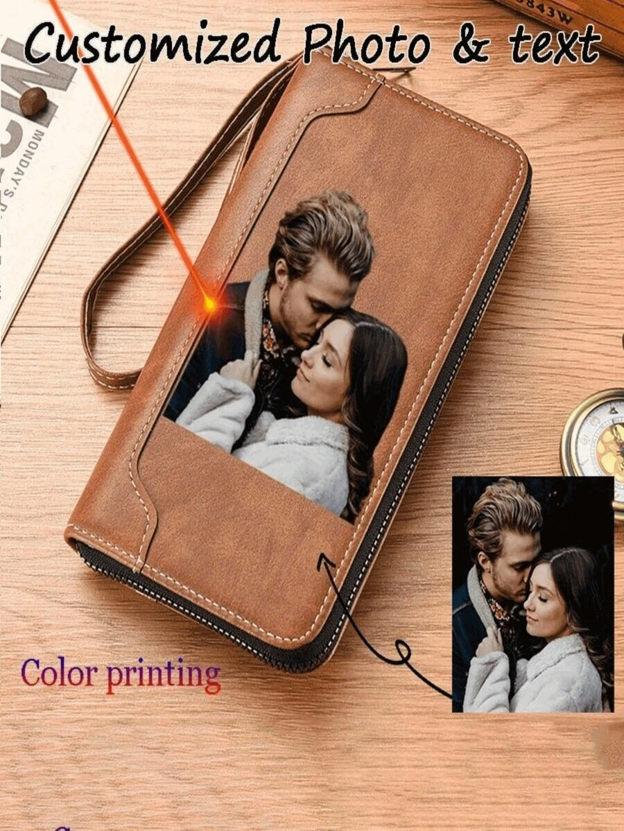 1pc Customized PU Leather Zipper Clutch Wallet, Men's Personalized Photo Wallet With Engraved Picture And Text, Multi-Slot Capacity, Valentine's Day Gift - Multicolor - View 1