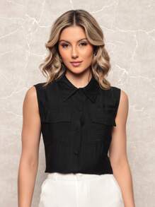 ONLYONE - WOMEN'S BLOUSE TANK TOP VEST WITH POLO COLLAR AND FRONT POCKETS OPEN WITH BUTTON - WOMEN'S BLOUSES - 黑色 - 查看 4