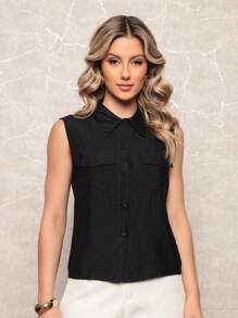 ONLYONE - WOMEN'S BLOUSE TANK TOP VEST WITH POLO COLLAR AND FRONT POCKETS OPEN WITH BUTTON - WOMEN'S BLOUSES - 黑色 - 查看 1