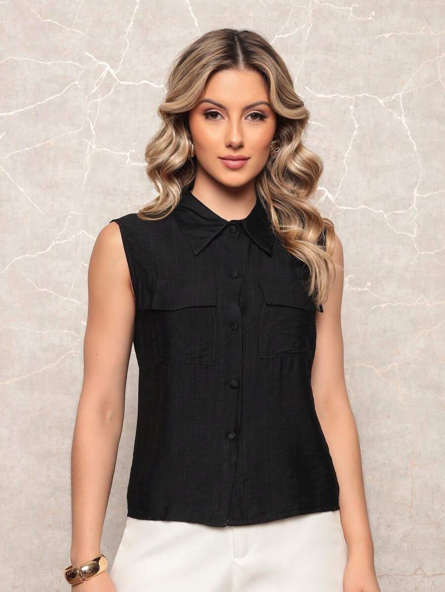 ONLYONE - WOMEN'S BLOUSE TANK TOP VEST WITH POLO COLLAR AND FRONT POCKETS OPEN WITH BUTTON - WOMEN'S BLOUSES - 黑色 - 查看 1