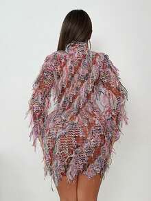 Street Style Sexy Colorful Fringe Long Sleeve Fitted Mini Dress