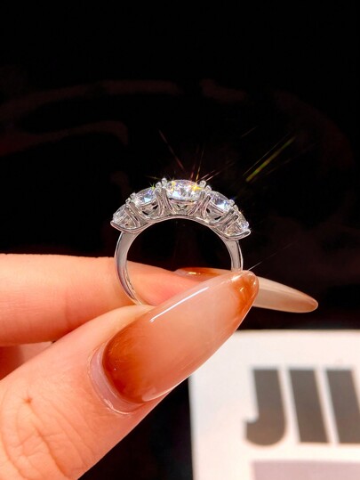 1 Pieza Anillo de banda de boda con cinco diamantes de diamante de Moissanita, diseño en color D de 1 quilate a 2 quilates, anillo de plata esterlina 925, adecuado para compromiso, esposas, novias, regalos de cumpleaños, regalos de aniversario, joyería nupcial fina