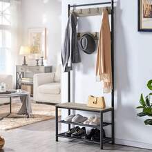 Coat Rack, Hall Tree With Shoe Bench, Entryway Shoe Storage With Coat Rack Stand, 9 Movable Hooks, Industrial Entryway Furniture, Gray - Grey - View 4