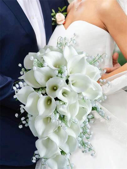 17.7in Calla Lilies Artificial Rose Bouquets White Calla Lily Artificial Lily Of The Valley Bridal Bouquet Waterfall Wedding Bouquet For Bride Gifts Party Favors Room Decor