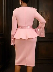 Asymmetric Ruffles Long Flare Sleeve With Sequin Peplum Knee Length Party Valentine Dress Wedding Guest Dress - Pink - View 2
