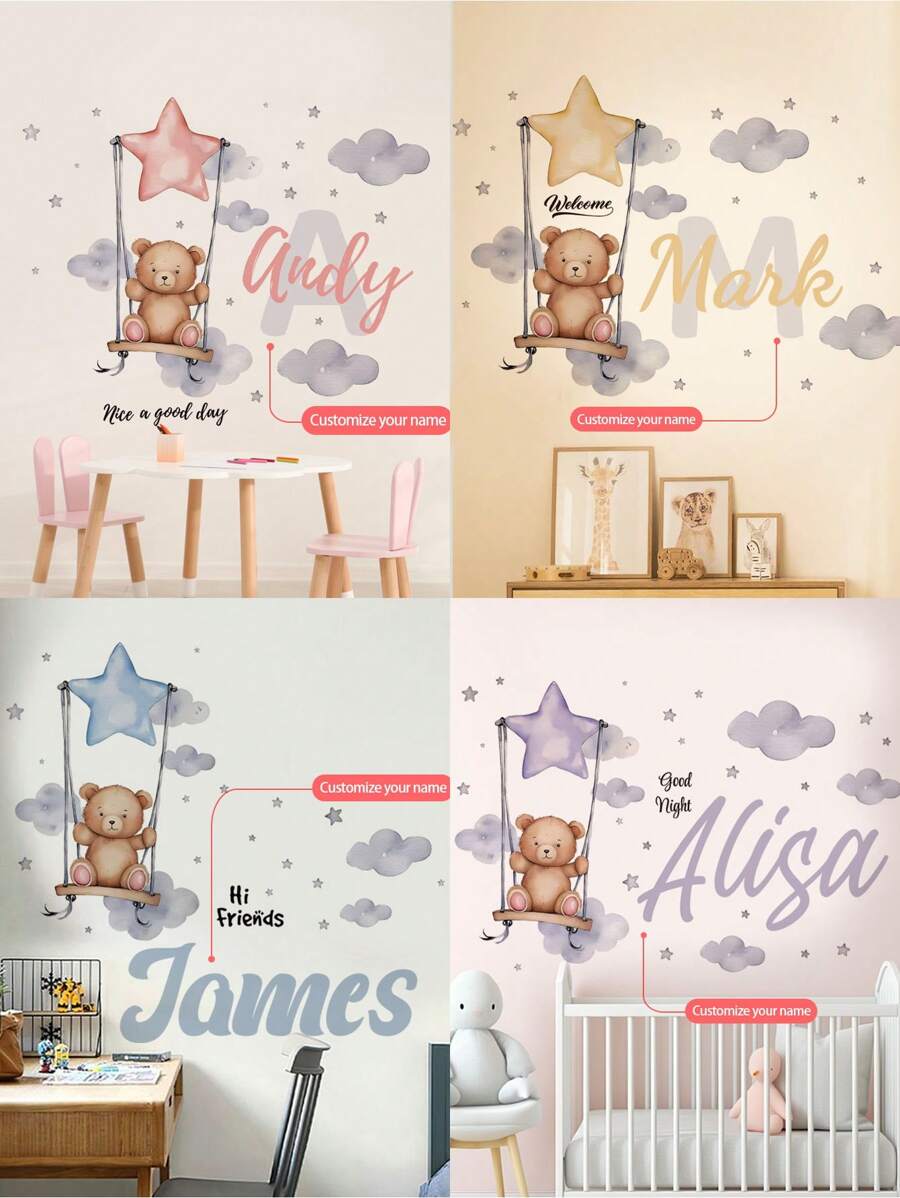 1pc Customizable Your Name Swinging Bear With Stars Wall Sticker, Removable For Bedroom, Living Room, Kids Room Decor,Multi-Functional, ,Ornamental,Reusable,Exquisite,Stylish,High-Quality,Colorful,Modern,Custom,Personalized,Unique,Ideal Gifts For Him,Ideal Gifts For Her,Boyfriend,Dad,Girlfriend,Mom,Family,Friends,Tea Room,Home,Garden,Office,For Anniversaries,For Valentine's Day,For Mother's Day,For Birthdays,For Father's Day,For Graduation,For Weddings,For Housewarming,Home Refresh