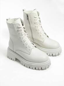 Botas Casual Mujer, Botas Impermeables Mujer Invierno Calor Exterior Botas, Botas de cordones para mujer,botas cortas de estilo británico para mujer,botas cortas de estilo británico para mujer,botas moteras para mujer,cómodas de llevar para actividades al aire libre,Quedan grandes, toma una talla menos - Blanco - Ver 2