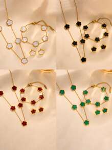 4pcs Stainless Steel 5 Petals Flower Jewelry Set: 1 Necklace + 1 Bracelet + 2 Earrings, Elegant & Fashion For Women Valentines,Mom,Mother,Mother's Day,Gift