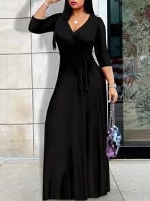 2pcs Women's V-Neck Cinched Waist Maxi Short Sleeve Dress, Spring/Summer - Black - View 4