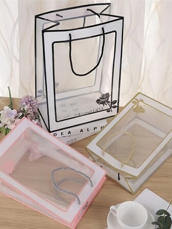 5pcs Transparent Flower Bags Bakery Biscuit Gift Packaging Tote Bag, Floral Shop Bouquets Display